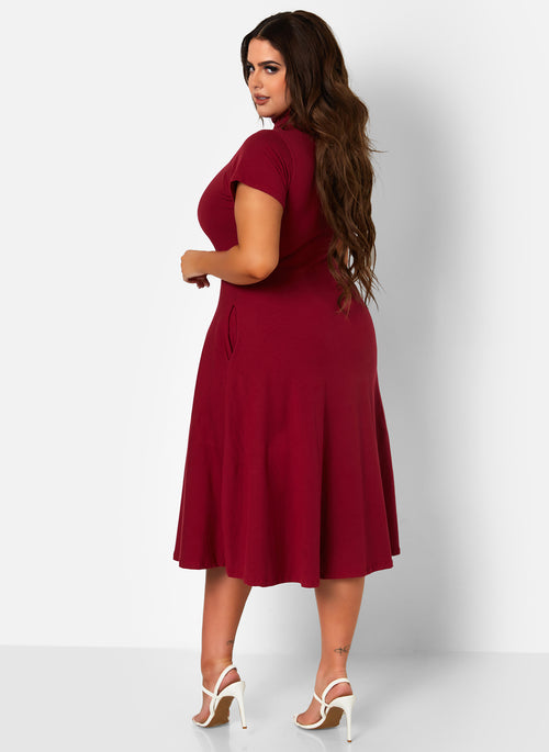 Burgundy Queen Bae Turtleneck Skater Midi Dress Plus Sizes