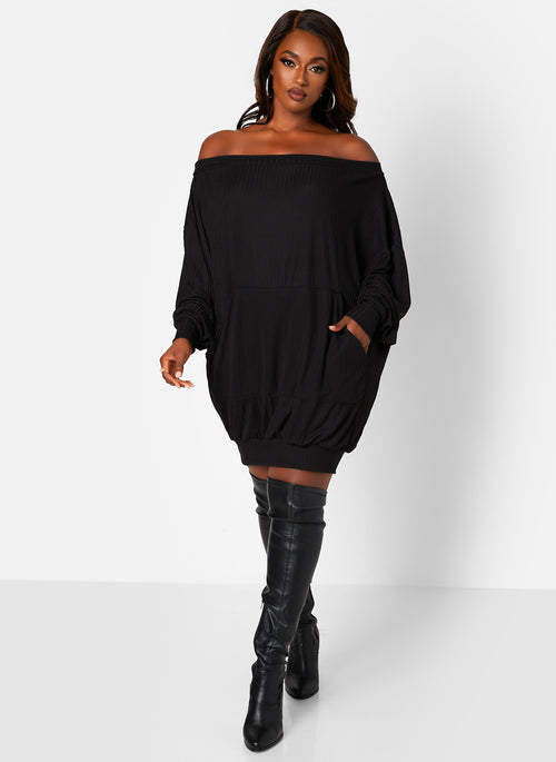 Rainy Day Ribbed Off Shoulder Oversized Shirt Dress W. Front Pocket