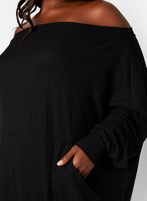 Rainy Day Ribbed Off Shoulder Oversized Shirt Dress W. Front Pocket