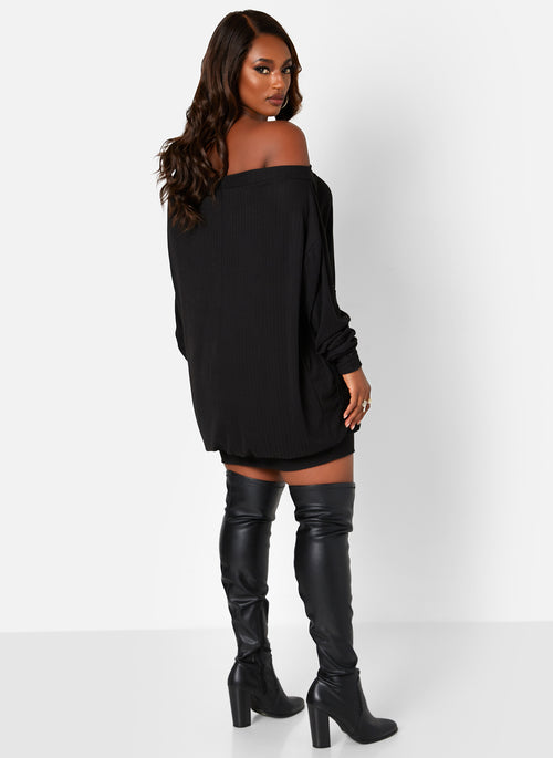Rainy Day Ribbed Off Shoulder Oversized Shirt Dress W. Front Pocket