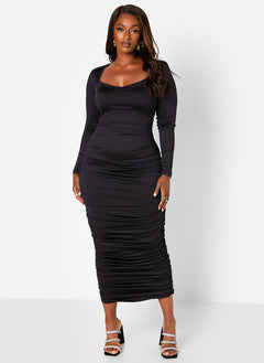 Black Ravyn Scoop Neck Ruched Maxi Bodycon Dress Plus Sizes