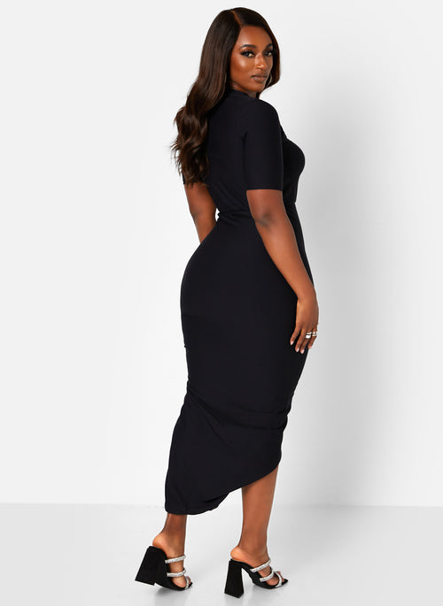Reflection Short Sleeve Ruched Side Slit Midi Bodycon Dress