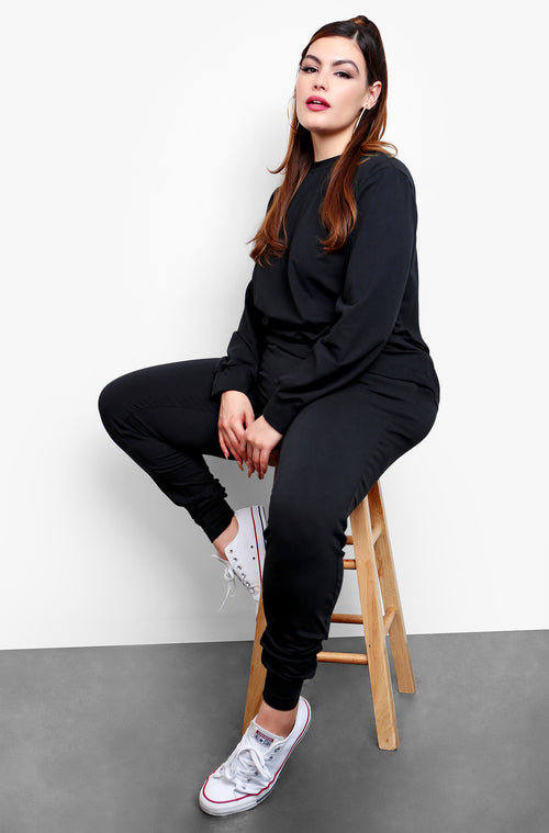 Black  Long Sleeve Crew Neck Top & High Waisted Joggers Set Plus Sizes