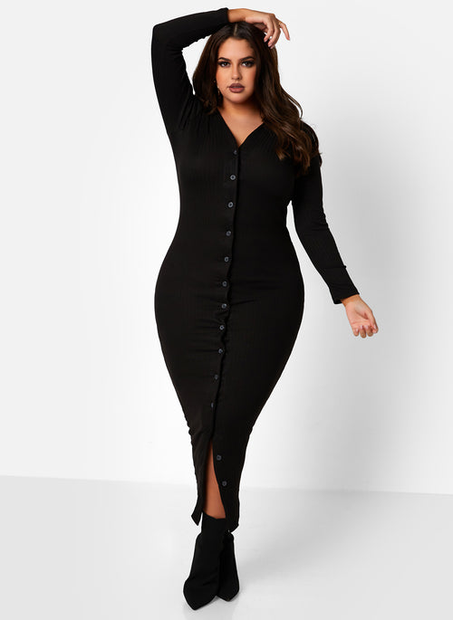 She Gets What She Wants Ribbed Button Down Bodycon Maxi Dress