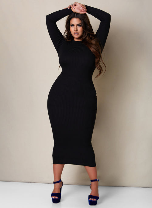 Silhouette Ribbed Long Sleeve Maxi Bodycon Dress