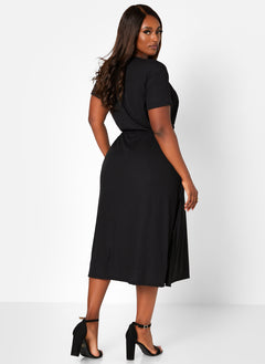 Black So Special Ribbed Tie Waist Midi A Line Dress Plus Sizes
