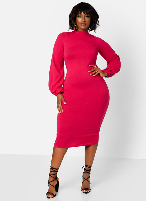 Turtleneck Puff Sleeves Bodycon Midi Dress - Fuchsia