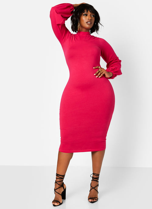 Turtleneck Puff Sleeves Bodycon Midi Dress - Fuchsia