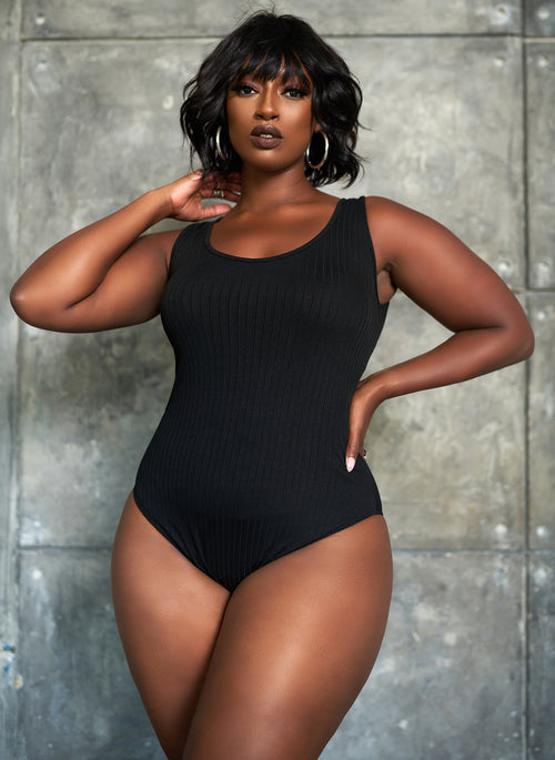 Black Ribbed Scoop Neck Bodysuit Plus Sizes