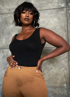 Black Ribbed Scoop Neck Bodysuit Plus Sizes