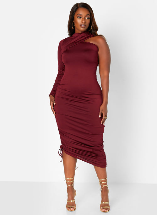 Burgundy Ruched Bodycon Midi Dress Plus Sizes