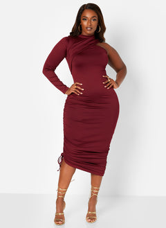 Burgundy Ruched Bodycon Midi Dress Plus Sizes