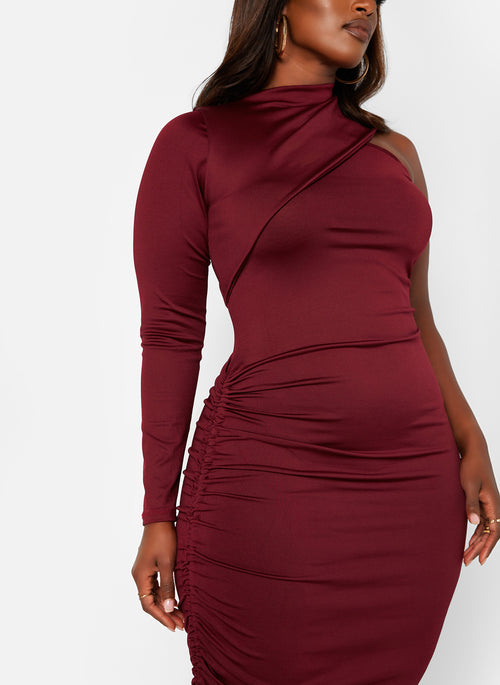Burgundy Ruched Bodycon Midi Dress Plus Sizes