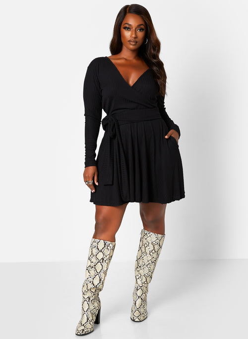 You Need This Ribbed Tie Waist Mini Skater Dress W. Pockets - Black