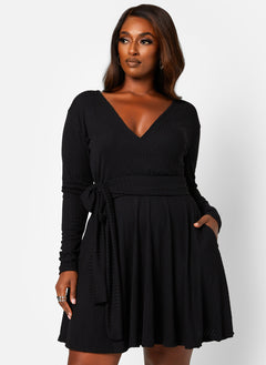 You Need This Ribbed Tie Waist Mini Skater Dress W. Pockets - Black