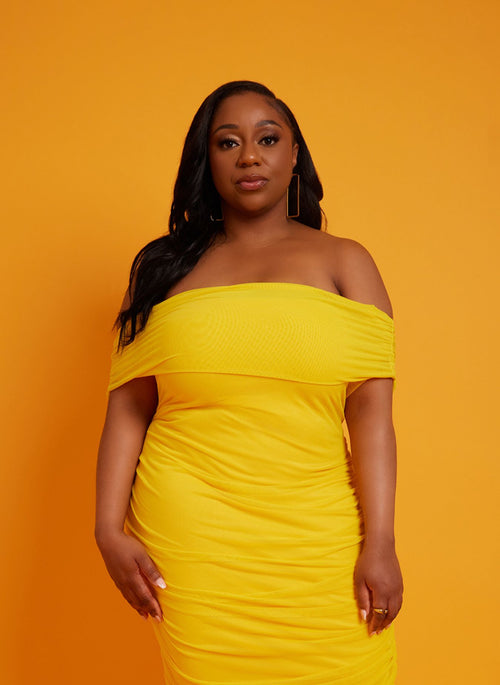 Kimberly Over The Shoulder Ruched Bodycon Midi Dress w. Lining