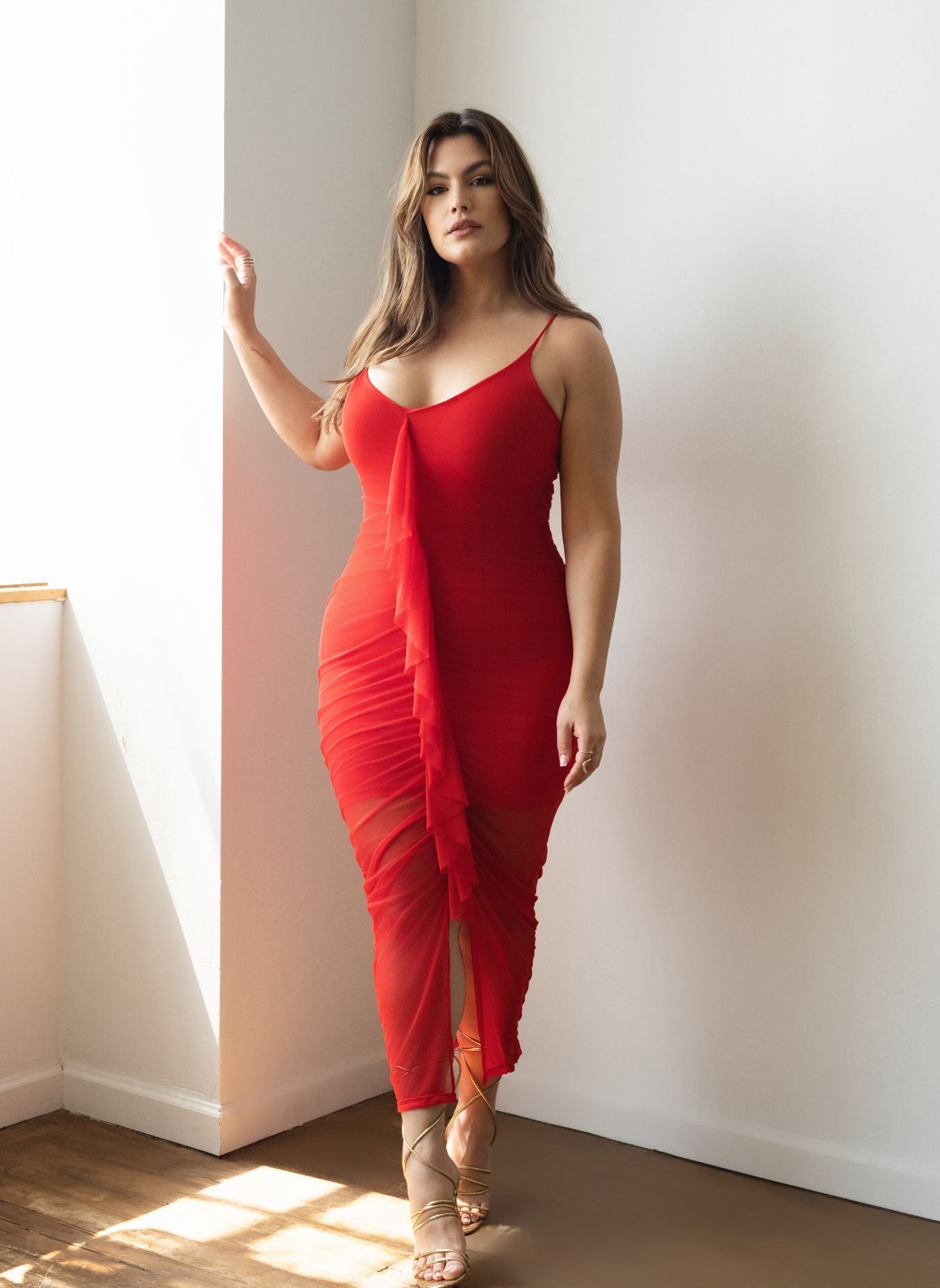 Lenia Ruched Mesh Bodycon Midi Dress