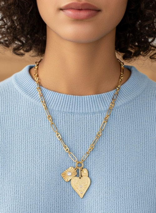 3 heart charm cluster necklace