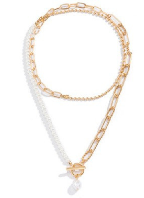 Chain w. Pearl Double Layer Toggle Necklace