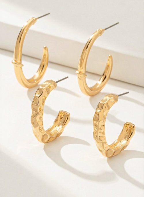 2 Pair of Medium Texture Gold Hoop Earrings Set
