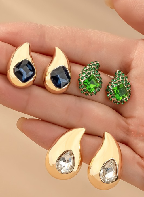 Trio Teardrop Earrings w. Rhinestones