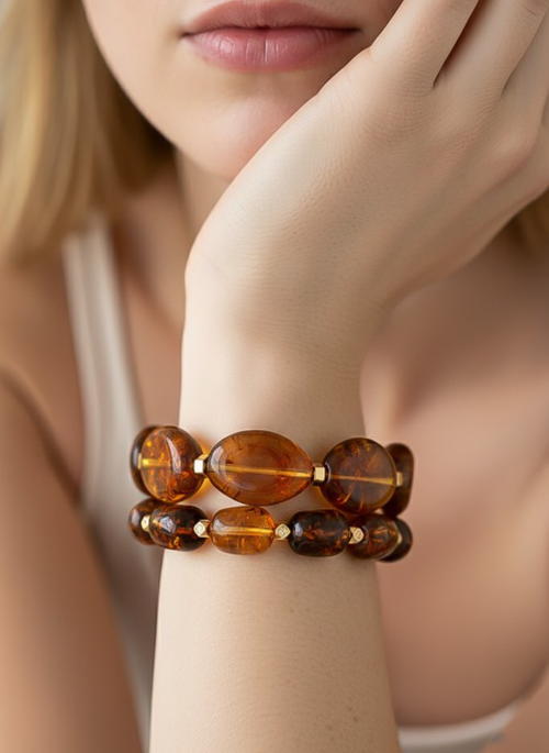 Amber Resin Oval Bead Stretch Bracelet