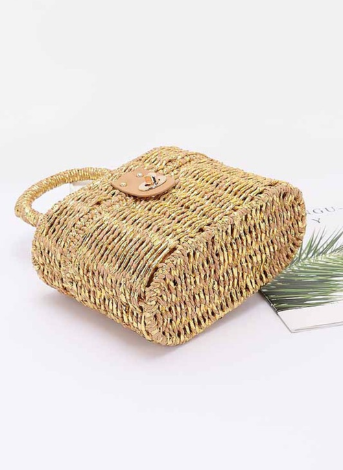 Faux Straw Metallic Top Handle Box Clutch Bag