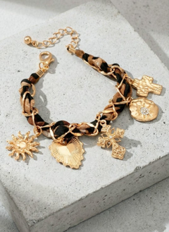 Charm Link Chain Bracelet with Leopard Weave