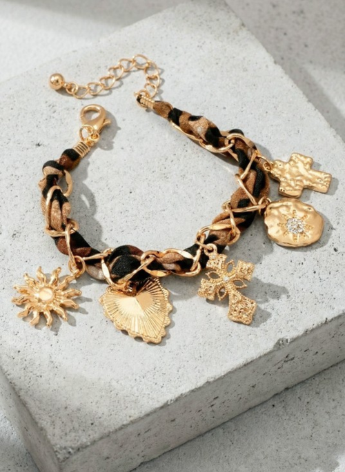 Charm Link Chain Bracelet with Leopard Weave