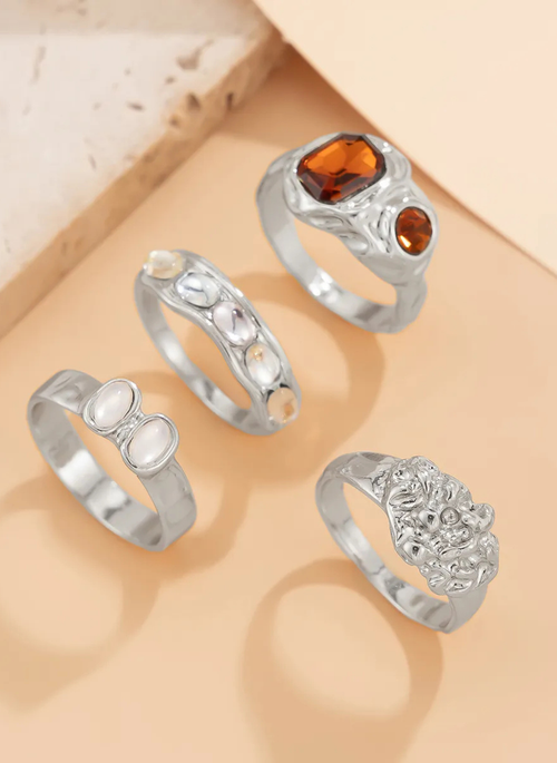 4-Piece Stainless Steel Inlaid Rhinestone Ring