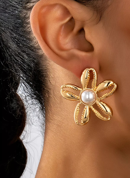 18K Gold-Plated Gold Flower Synthetic Pearl Stud Earrings