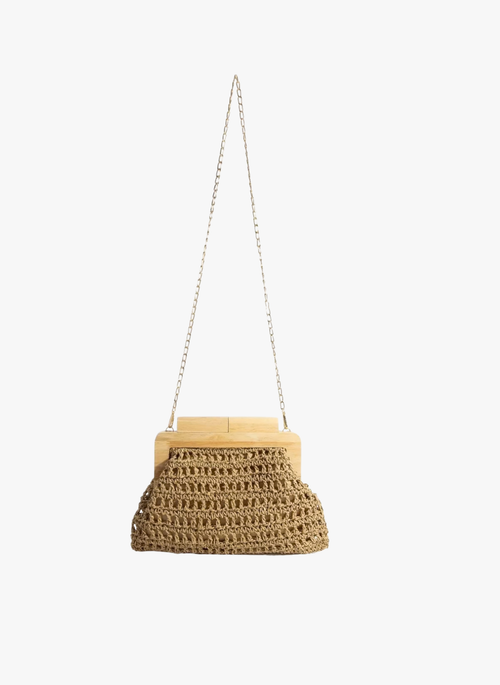 Fame Straw Braided Wooden Top Frame Clutch Bag