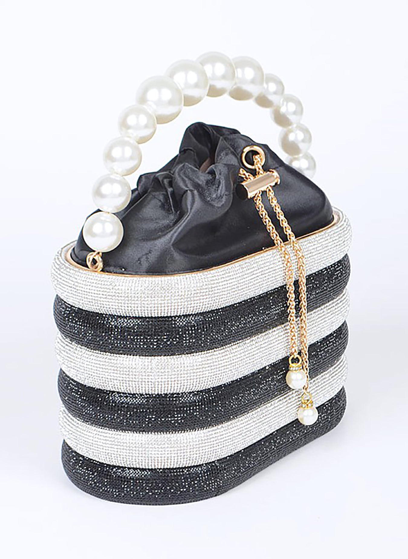 Faux Pearl Handle Rhinestone Statement Bucket Clutch