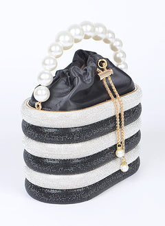 Faux Pearl Handle Rhinestone Statement Bucket Clutch