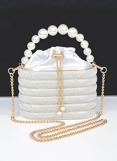 Faux Pearl Handle Rhinestone Statement Bucket Clutch