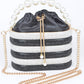 Faux Pearl Handle Rhinestone Statement Bucket Clutch