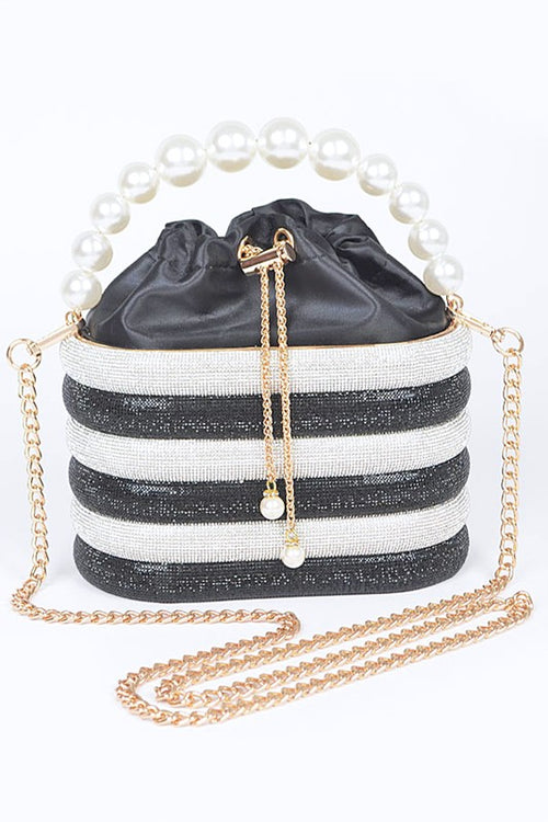 Faux Pearl Handle Rhinestone Statement Bucket Clutch