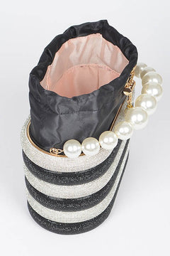 Faux Pearl Handle Rhinestone Statement Bucket Clutch