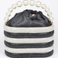 Faux Pearl Handle Rhinestone Statement Bucket Clutch