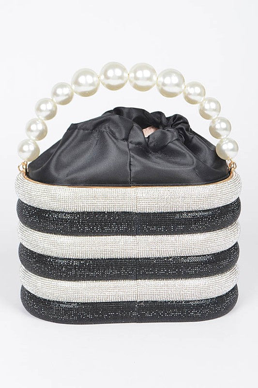 Faux Pearl Handle Rhinestone Statement Bucket Clutch
