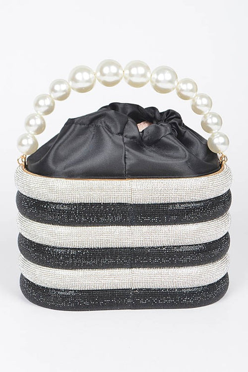 Faux Pearl Handle Rhinestone Statement Bucket Clutch