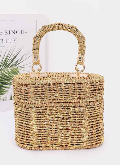 Faux Straw Metallic Top Handle Box Clutch Bag