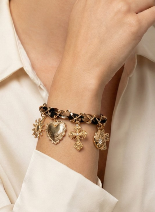 Charm Link Chain Bracelet with Leopard Weave