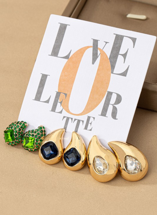 Trio Teardrop Earrings w. Rhinestones