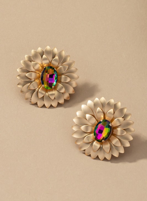 Metal Flower Earrings w. Center Gem
