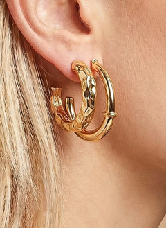 2 Pair of Medium Texture Gold Hoop Earrings Set
