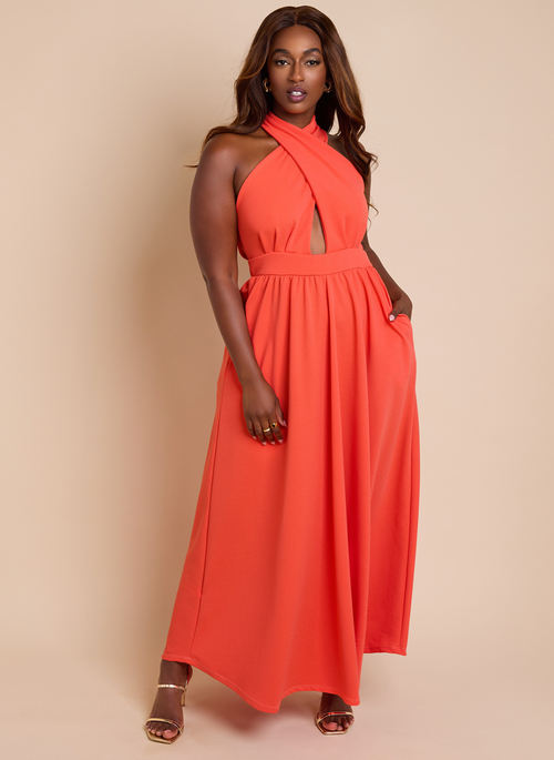 Eleanor Keyhole Skater Maxi Dress w. Pockets - Coral