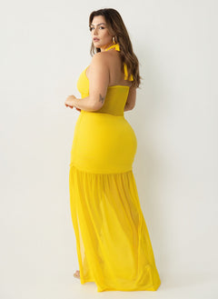 Malia Halter Mesh Ruched Maxi Dress
