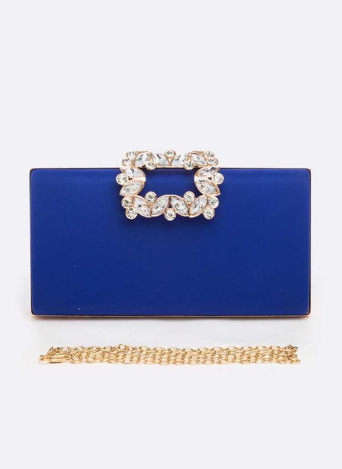 Crystal Buckle Metallic Box Clutch