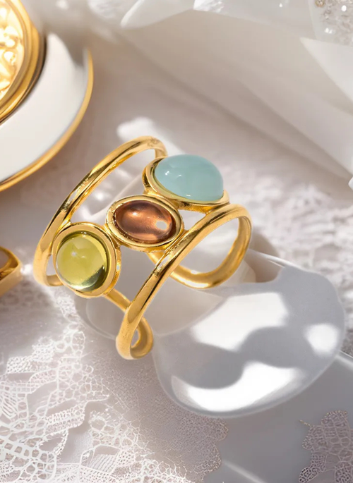 18K Gold-Plated Gemstone Open Cuff Ring